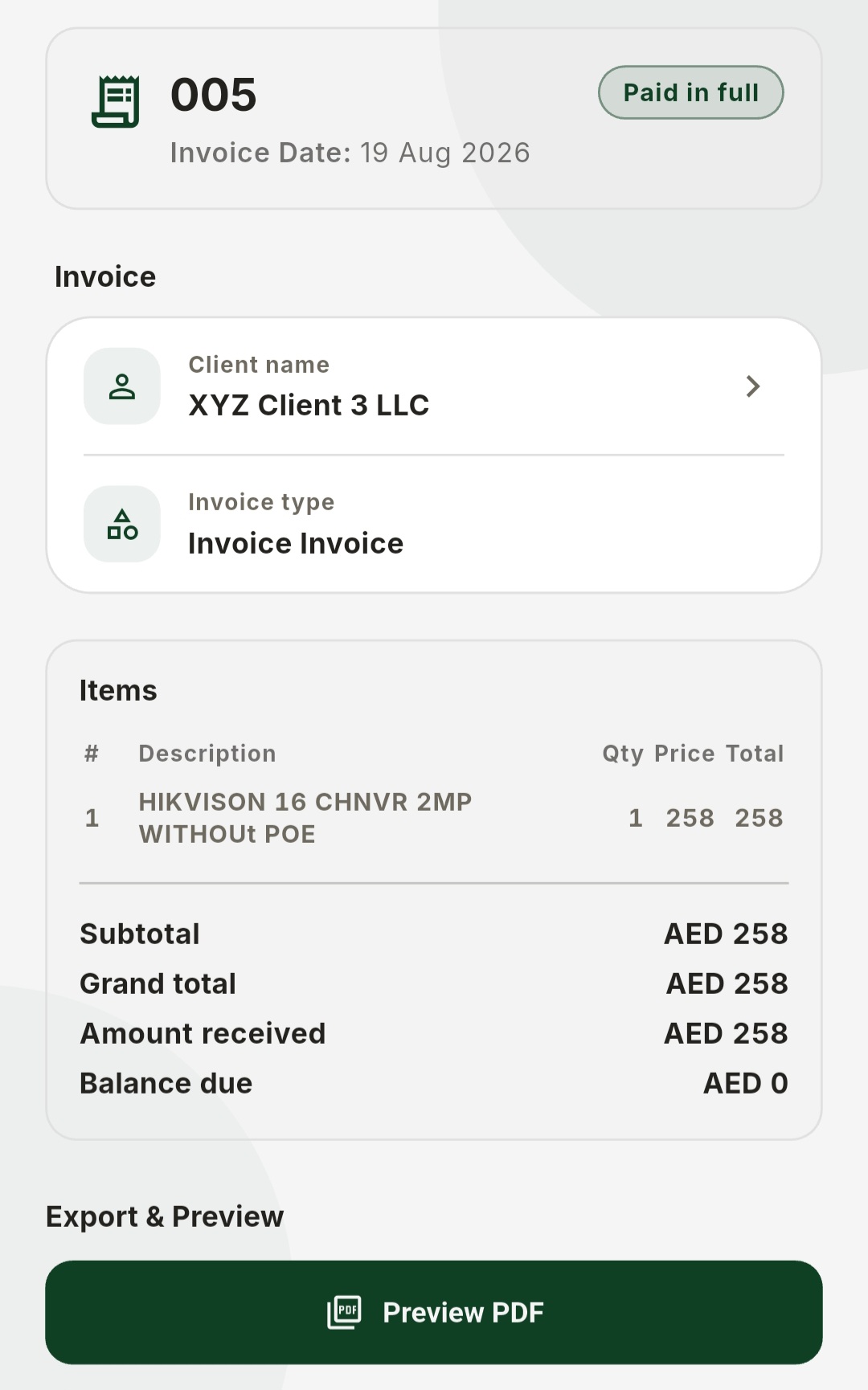 ProShield paid invoice details with client, line item totals, and PDF preview action
